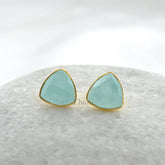 Aqua Chalcedony Studs - Gold Plated Studs - Solid Silver - 9mm Faceted Trillion - Personalized Jewelry - Jewelry For Summer - Gift For Wife